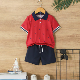 Boys Red Printed Short Sleeves Polo T-Shirt With Shorts Set 2 pc. Sets Red 3-4 Y