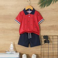 Boys Red Printed Short Sleeves Polo T-Shirt With Shorts Set 2 pc. Sets Red 3-4 Y