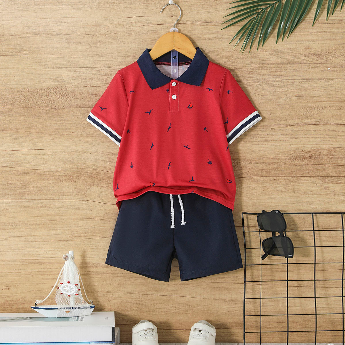 Boys Red Printed Short Sleeves Polo T-Shirt With Shorts Set 2 pc. Sets Red 3-4 Y