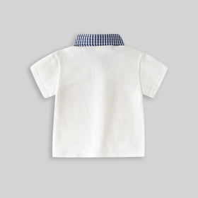 Boys White Short Sleeves Polo T-Shirt With Checked Collar Tshirts