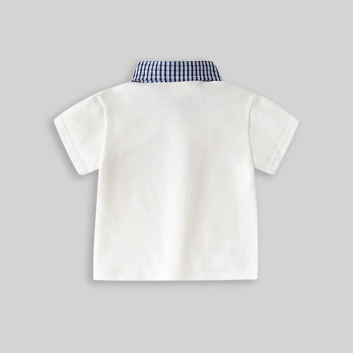 Boys White Short Sleeves Polo T-Shirt With Checked Collar Tshirts