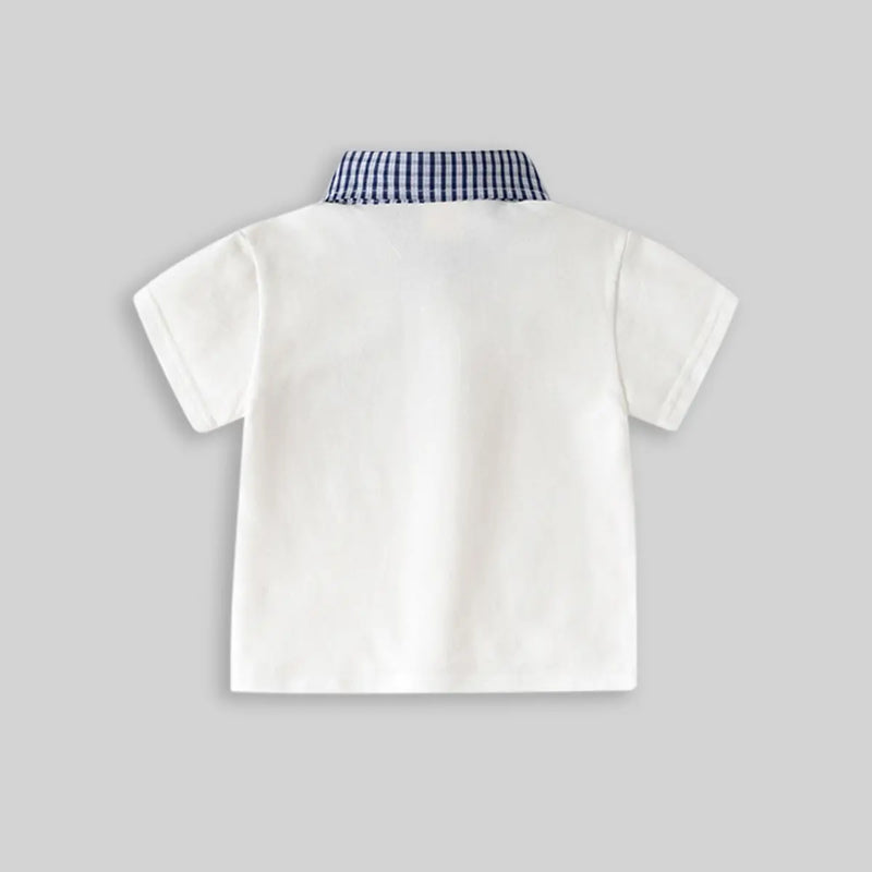 Boys White Short Sleeves Polo T-Shirt With Checked Collar Tshirts