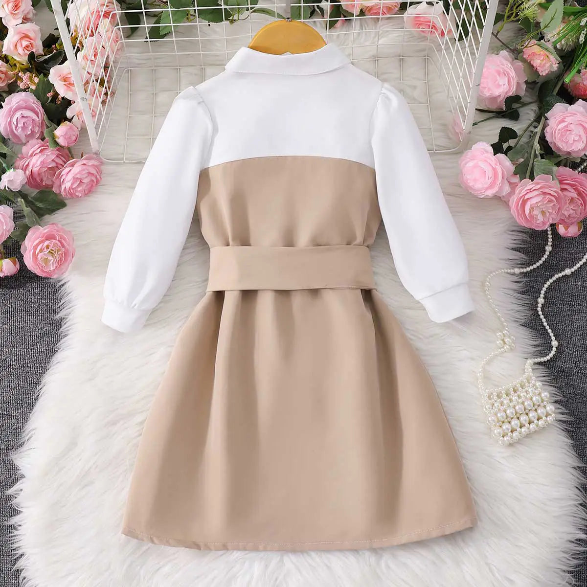 Girls Beige Solid Long Sleeves Shirt Dress Casual Dresses