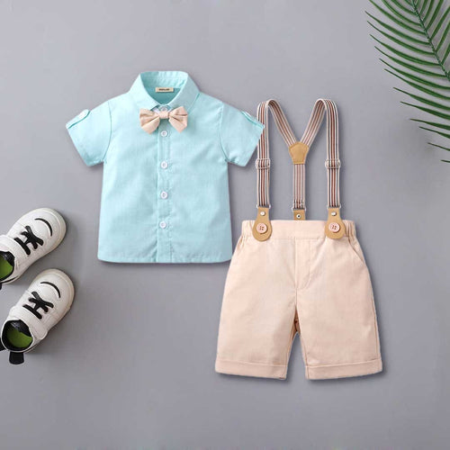 Boys Short Sleeve Shirt With Suspender Shorts Set 2 pc. Sets Aqua 1-2 Y 