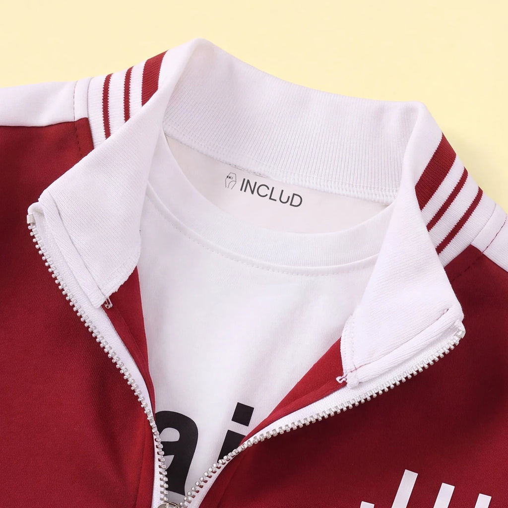 Boys Red Typographic Printed Front Open Jacket With T-Shirt & Joggers Set Sets