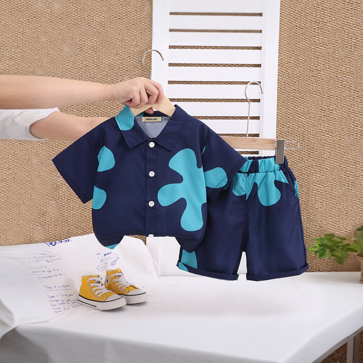 Boys Navy Blue Printed Short Sleeve Shirt With Shorts Set 2 pc. Sets Navy Blue 1-2 Y
