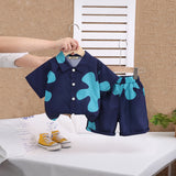 Boys Navy Blue Printed Short Sleeve Shirt With Shorts Set
