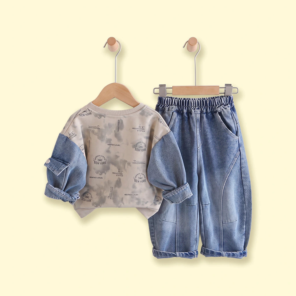 Boys Khaki Typography Sweatshirt With Denim Pants Sets 2 pc. Sets