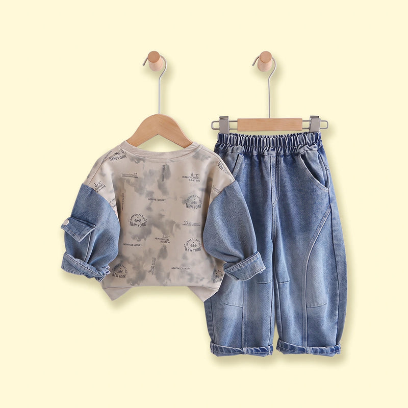 Boys Khaki Typography Sweatshirt With Denim Pants Sets 2 pc. Sets