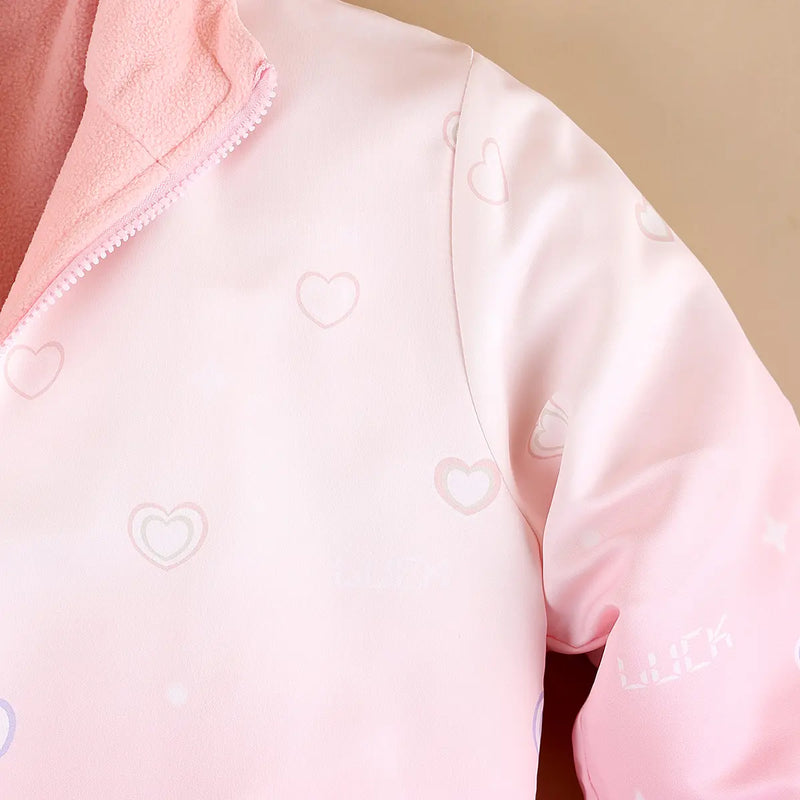 Girls Pink Heart Printed Reversible Hooded Zipper Jacket Coats & Jackets
