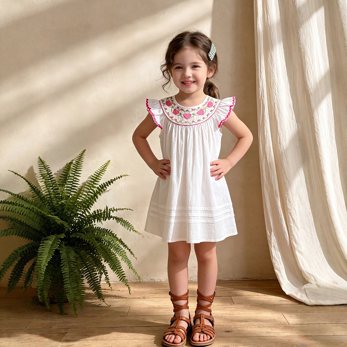 Girls White Embroidered Flutter Sleeve Dress Casual Dresses