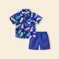 Boys Blue Pineapple Print Short Sleeves Shirt With Shorts Set Sets