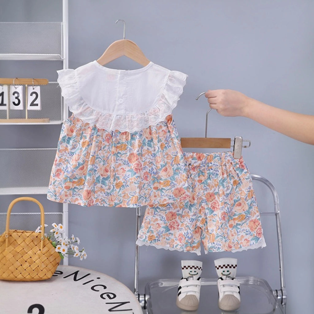 Girls Multicolor Floral Printed Eyelet Ruffle Top With Elasticated Shorts Sets 2 pc. Sets