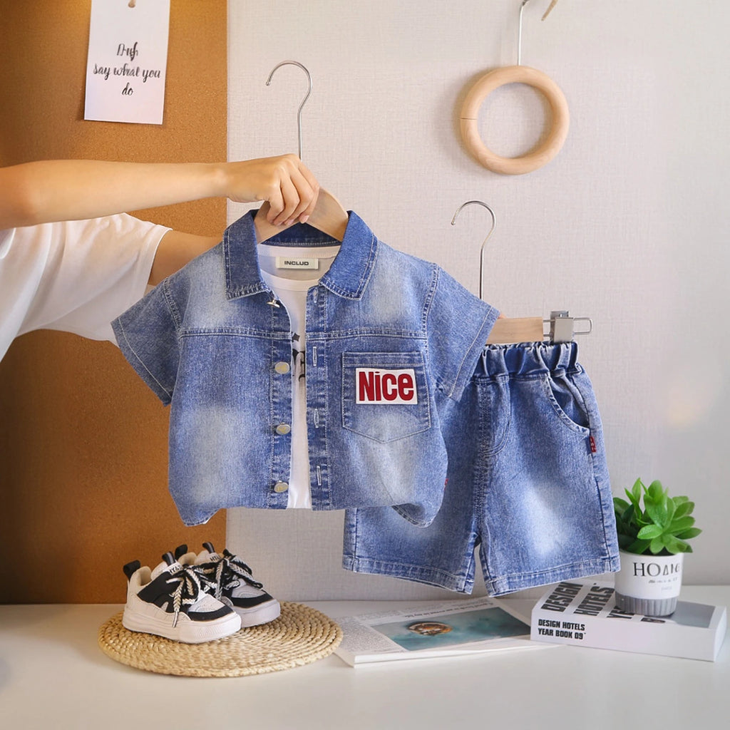 Boys Blue Denim Shirt & Shorts With Sleeveless T-Shirt Sets Sets Blue 1-2 Y