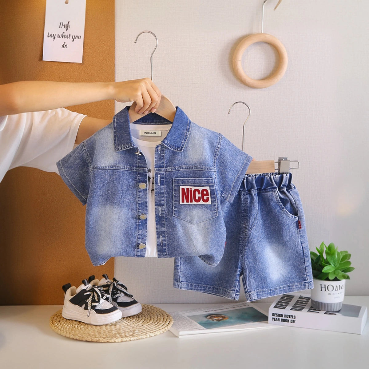 Boys Blue Denim Shirt & Shorts With Sleeveless T-Shirt Sets Sets Blue 1-2 Y