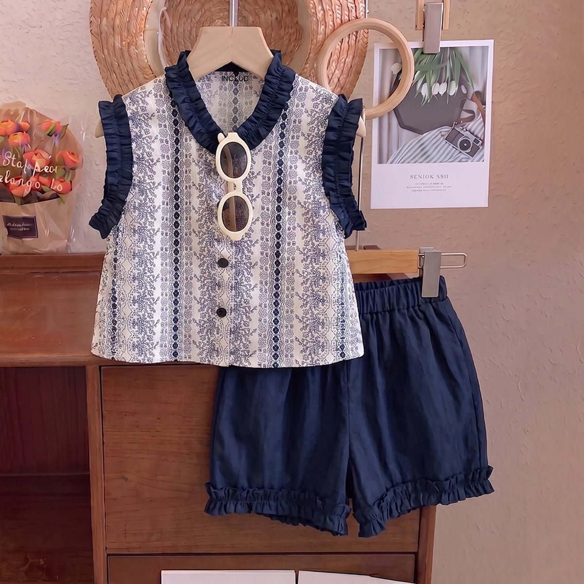 Girls Navy Blue Floral Print Sleeveless Top With Elasticated Shorts Sets 2 pc. Sets Navy Blue 1-2 Y