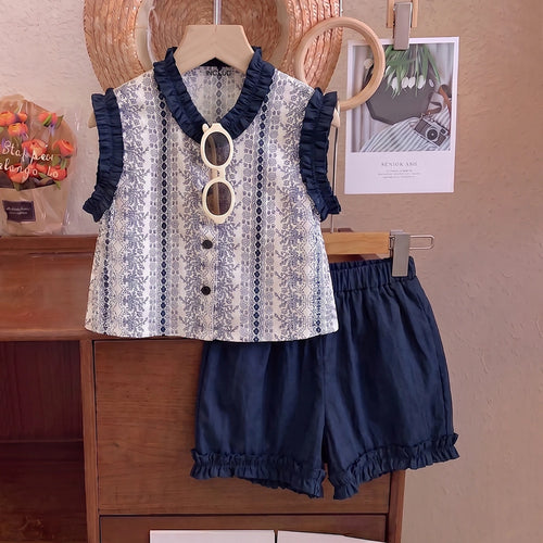 Girls Navy Blue Floral Print Sleeveless Top With Elasticated Shorts Sets 2 pc. Sets Navy Blue 1-2 Y
