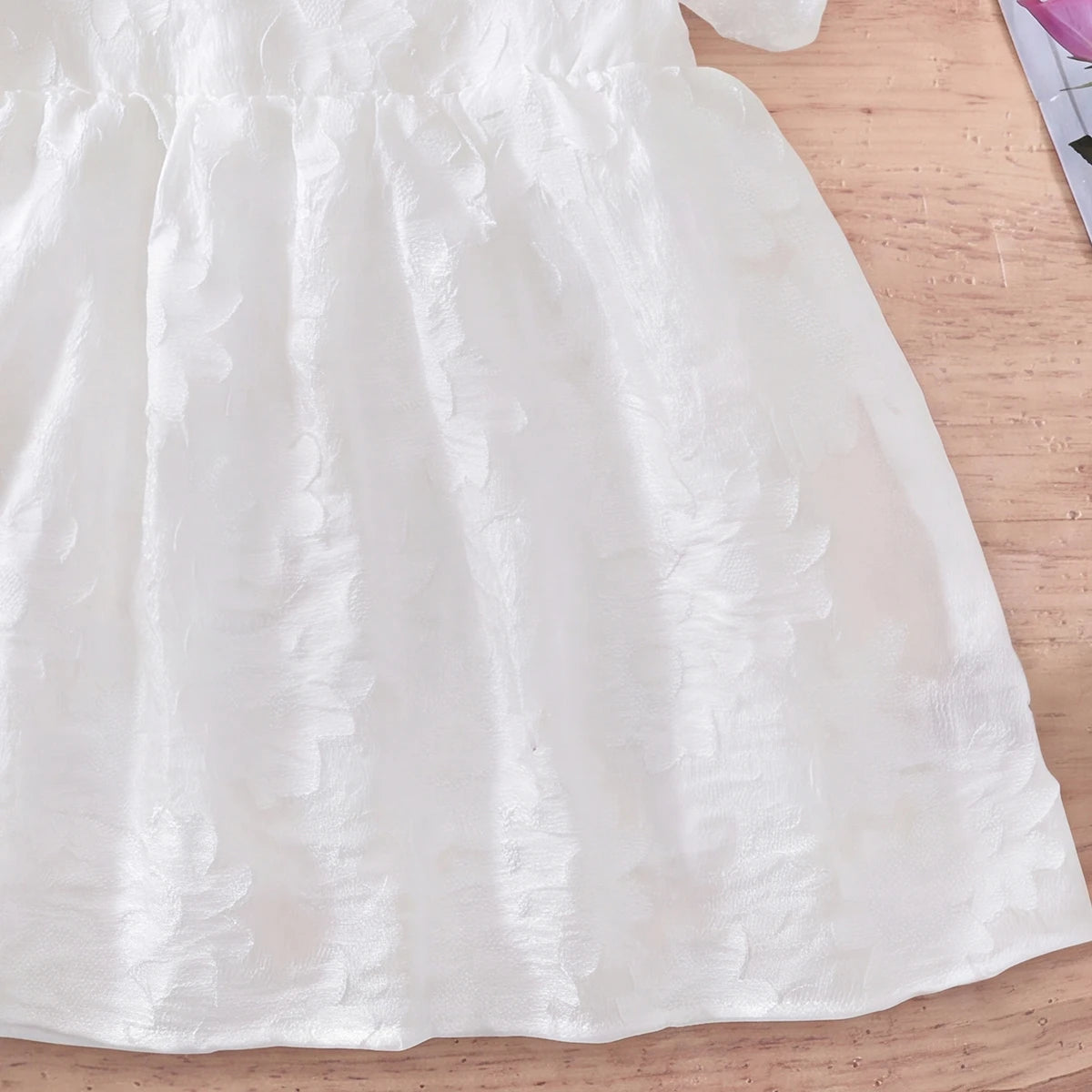 Girls White Self-Design Puff Sleeve Fit & Flare Dress Casual Dresses