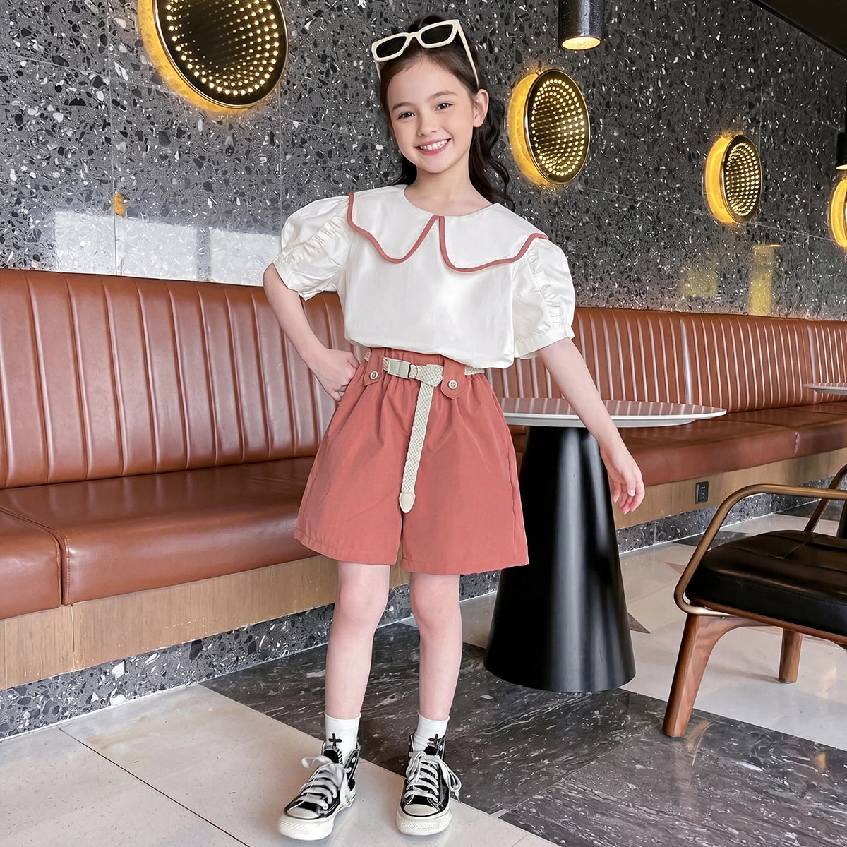 Girls Off White Puff Sleeve Peter Pan Collar Top With Elasticated Shorts Sets 2 pc. Sets Off White 3-4 Y
