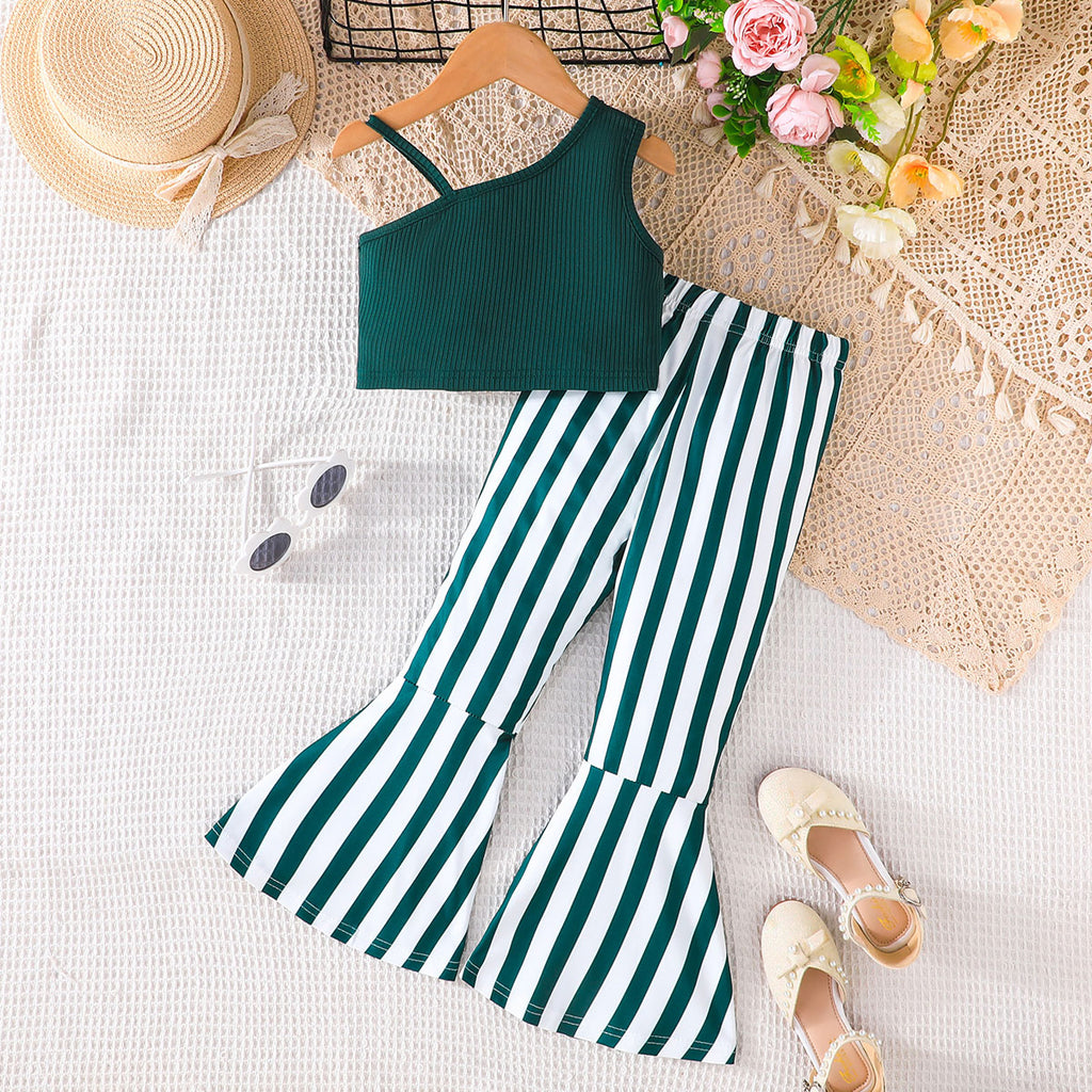 Girls Green One Shoulder Crop Top With Striped Pants Set 2 pc. Sets