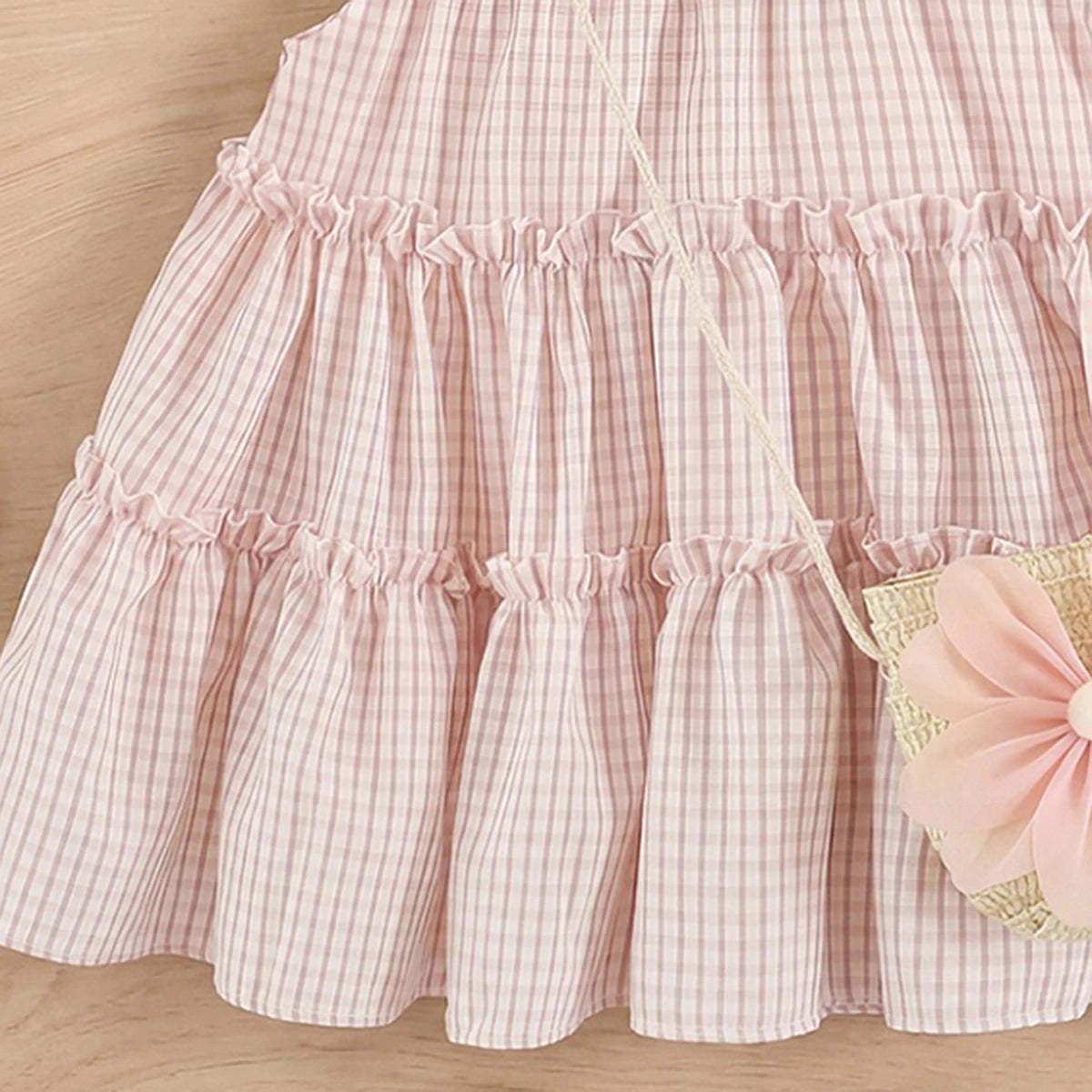 Girls Light Pink Checkered Tiered Flutter Sleeve Dress Casual Dresses
