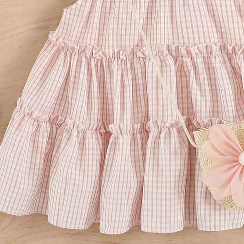 Girls Light Pink Checkered Tiered Flutter Sleeve Dress Casual Dresses