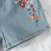 Girls Light Blue Floral Embroidered Denim Shorts Shorts