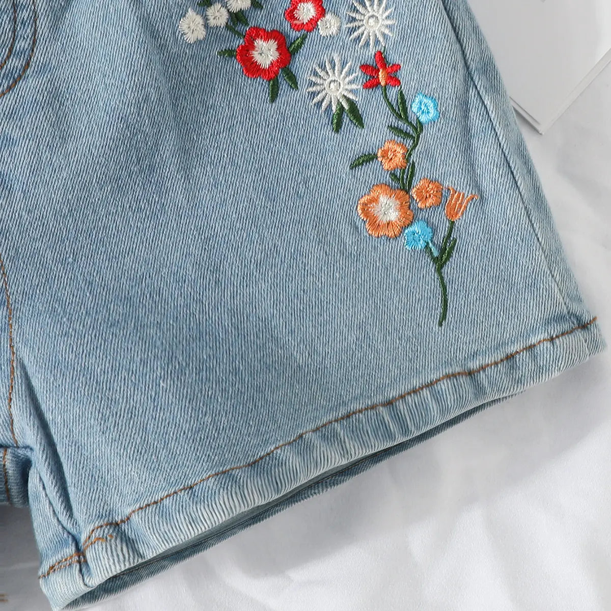 Girls Light Blue Floral Embroidered Denim Shorts Shorts