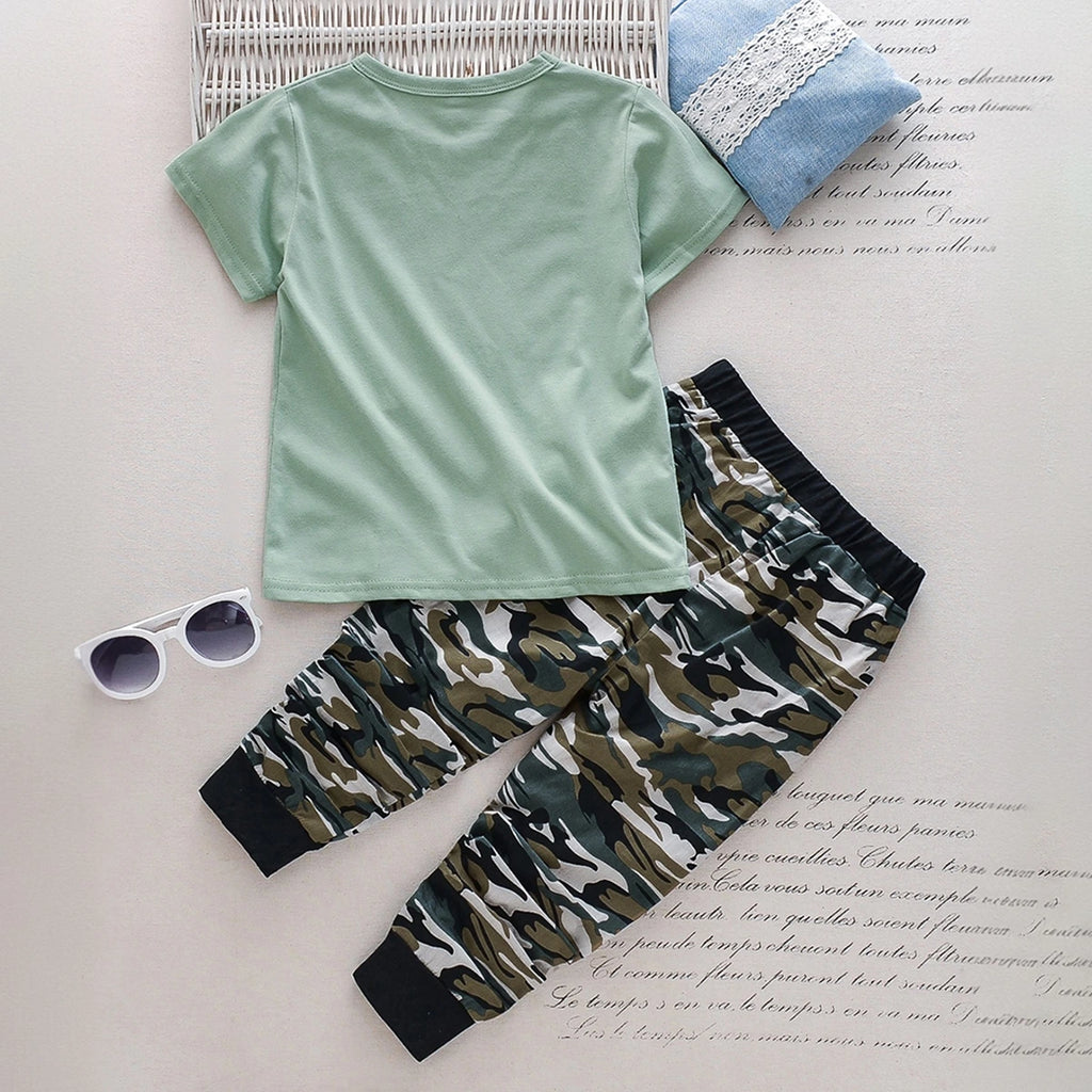 Boys Light Green Typography Print T-Shirt With Joggers Sets 2 pc. Sets