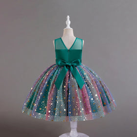 Girls Green Star Foil Print Sleeveless Fit & Flare Party Wear Dress Party Dresses