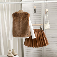 Girls Dark Brown Faux Fur Jacket with Skiwi & PU Flared Skirt Set Sets