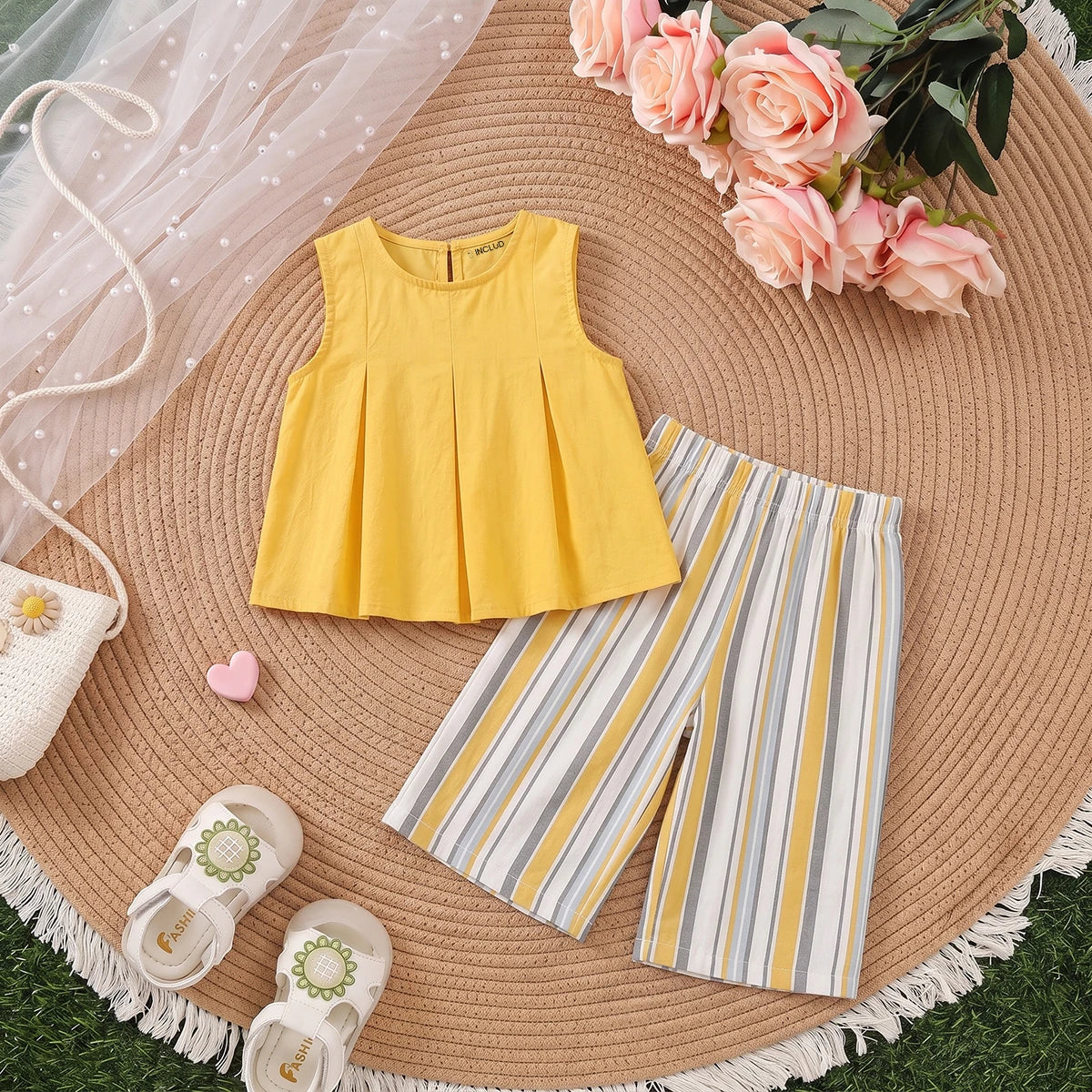 Girls Yellow Sleeveless Top With Striped Capri Sets 2 pc. Sets Yellow 1-2 Y