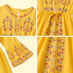 Girls Yellow Ethnic Motifs Print Fit & Flare Dress Casual Dresses