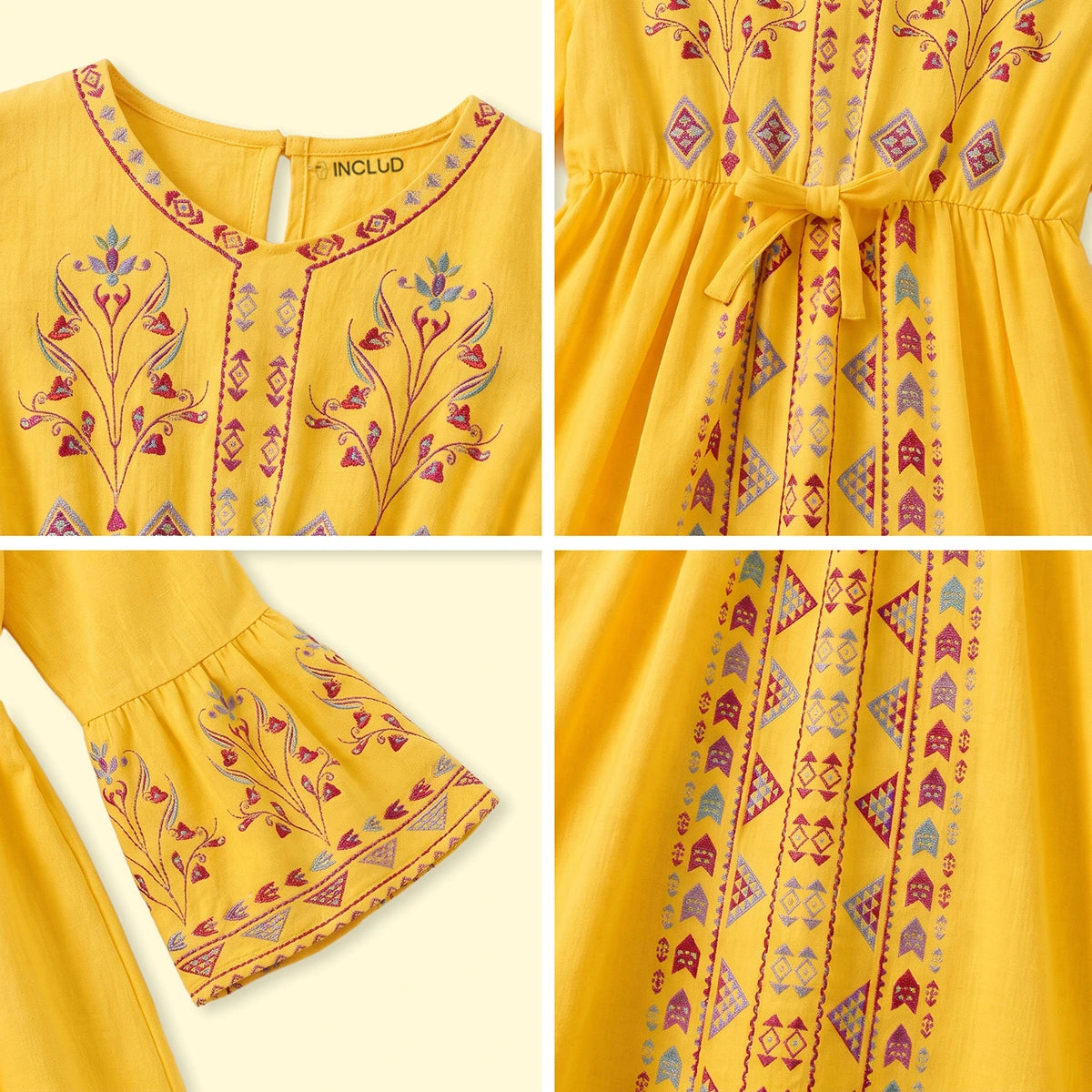 Girls Yellow Ethnic Motifs Print Fit & Flare Dress Casual Dresses