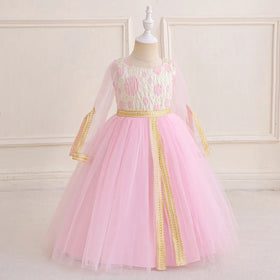 Girls Pink Floral Fit & Flare Dress With Long Sleeves Casual Dresses
