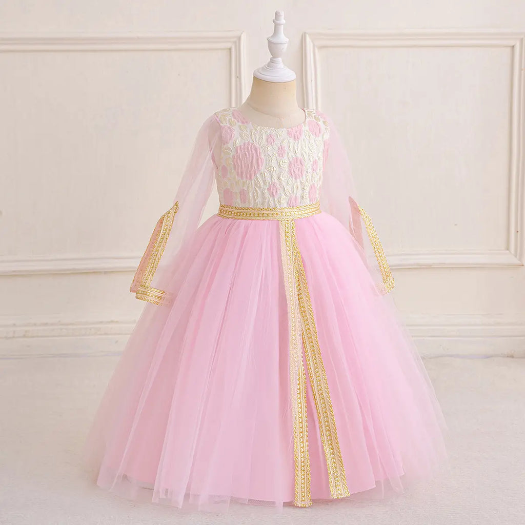 Girls Pink Floral Fit & Flare Dress With Long Sleeves Casual Dresses