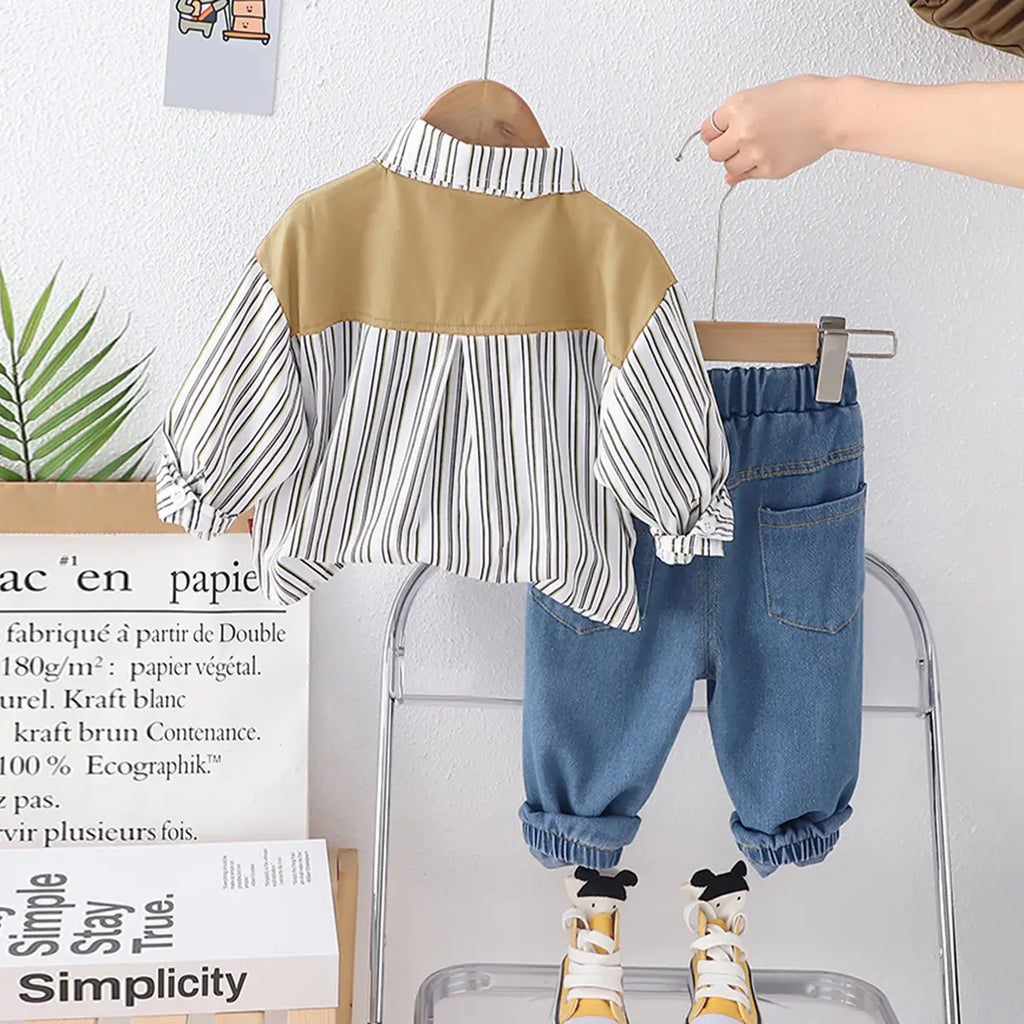 Boys Khaki Stripes Shirt With Denim Jogger Sets Sets
