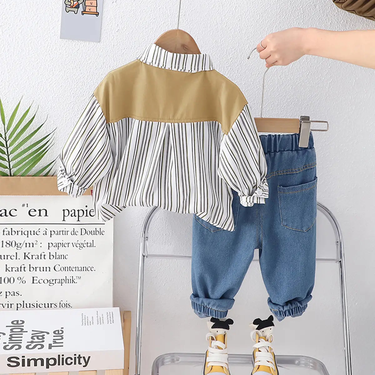 Boys Khaki Stripes Shirt With Denim Jogger Sets Sets