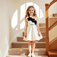 Girls White One Shoulder Fit & Flare Party Wear Dress With 3D Flowers Appliques Party Dresses