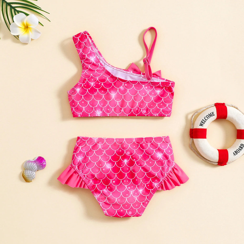Girls Fuchsia Mermaid Printed Top With Ruffled Briefs Swimwear Sets Sets