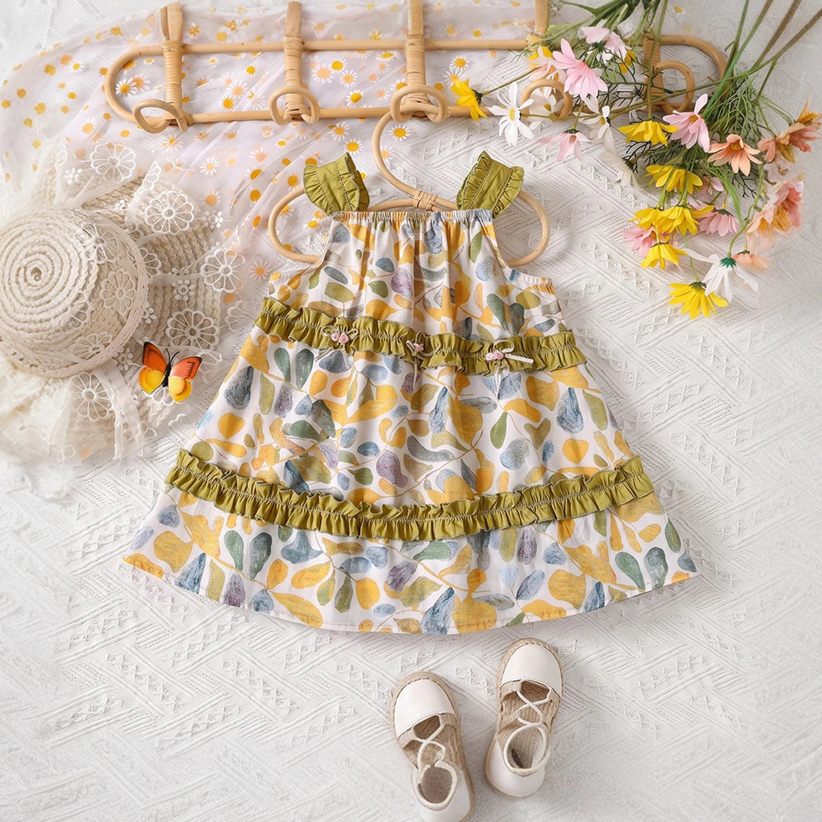 Girls Multicolour Botanical Print Sleeveless Tiered Dress Casual Dresses Multicolor 1-2 Y