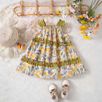 Girls Multicolour Botanical Print Sleeveless Tiered Dress Casual Dresses Multicolor 1-2 Y