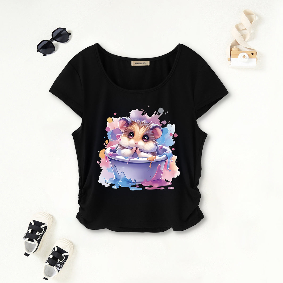 Girls Black Hamster Graphic Short Sleeves Scoop Neck T-Shirt Tshirts Black 7-8 Y
