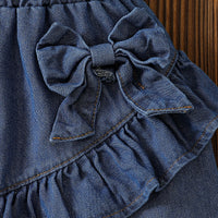 Girls White Bow Applique Short Sleeve Top With Denim Skirt Sets 2 pc. Sets