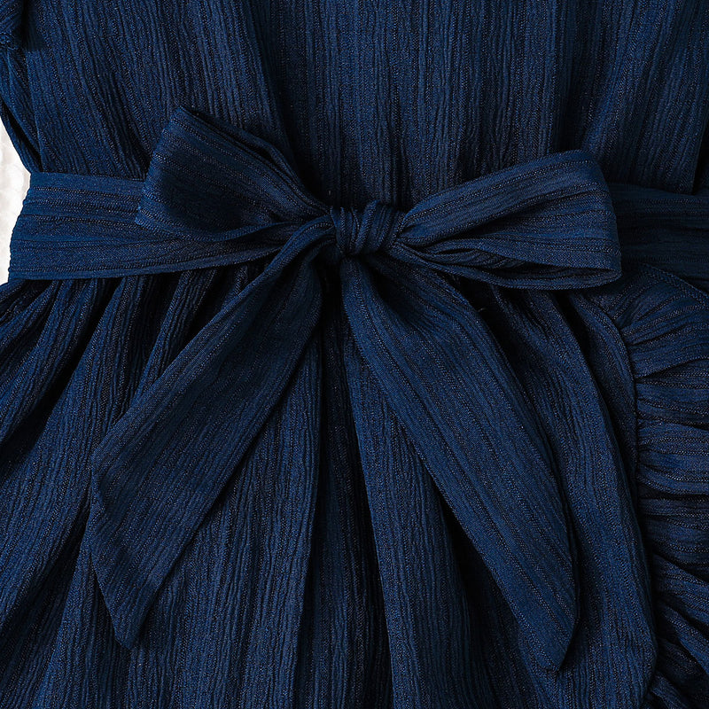 Girls Navy Blue Flutter Sleeves Bottom Ruffled Dress Casual Dresses