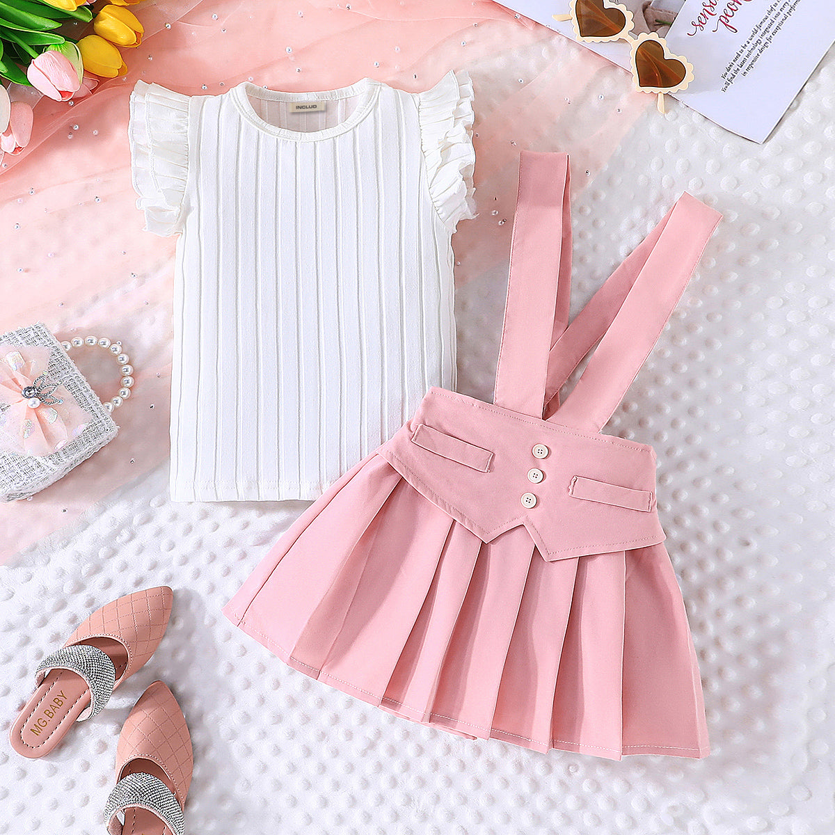 Girls Pink Solid Skirt With Self Designed Top Summer Set 2 pc. Sets