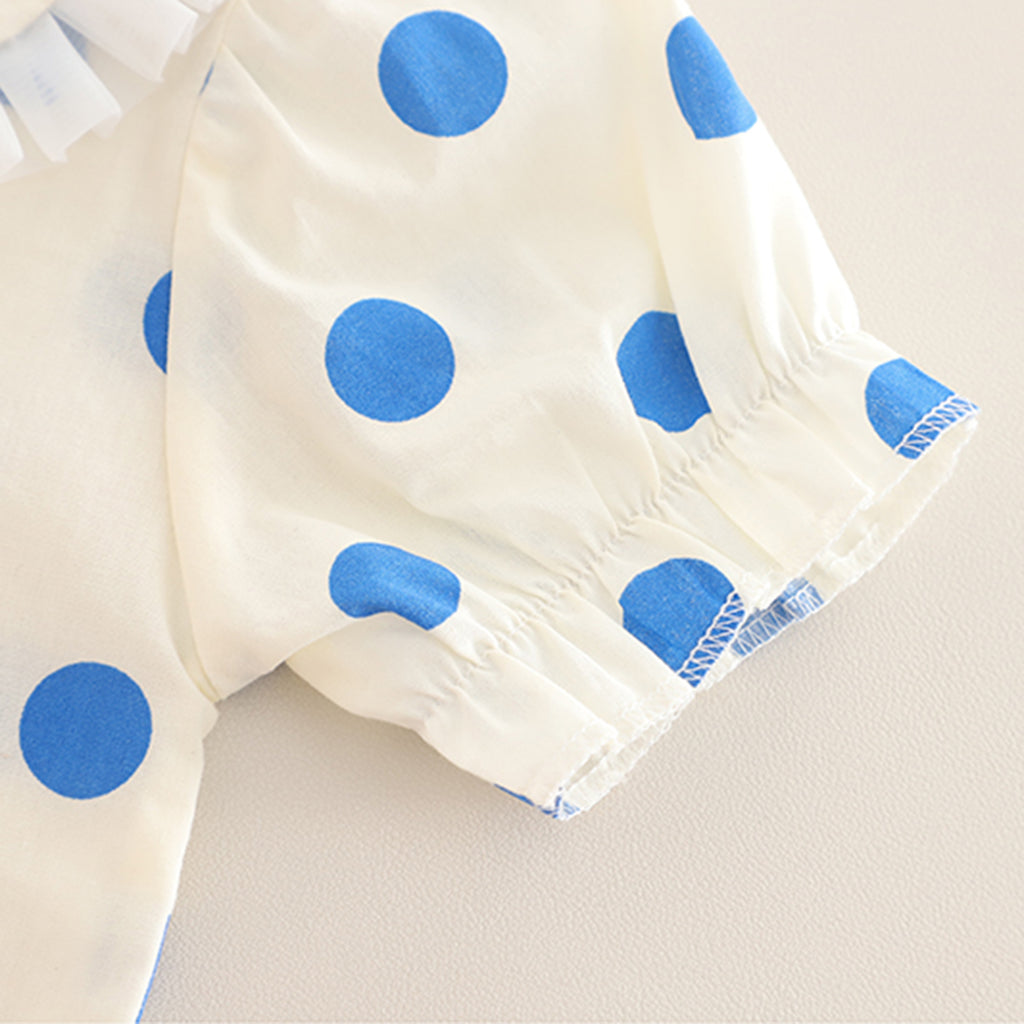 Girls Blue Polk Dot Printed Puff Sleeves Top With Denim Dungaree Set 2 pc. Sets