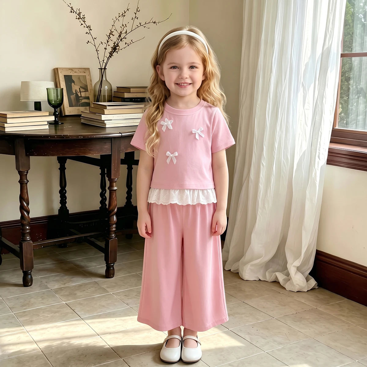 Girls Pink Short Sleeve Bow Applique T-Shirt With Pants Sets 2 pc. Sets