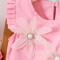 Girls Pink Flower Applique Flutter Sleeve Top With Shorts Sets 2 pc. Sets