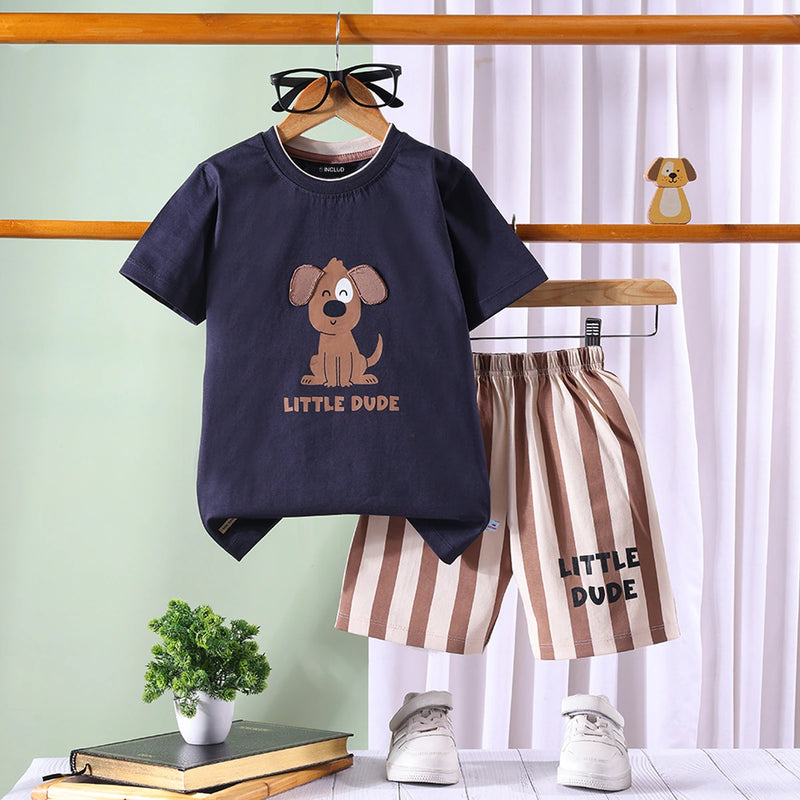 Boys Black Dog Graphic T-Shirt With Striped Shorts Sets 2 pc. Sets Black 1-2 Y